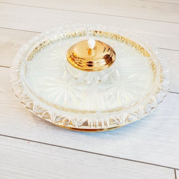 Rare Vintage Mid Century 60s Brass Lazy Susan Rotating Crystal Glass Tray - Picture 2 of 8
